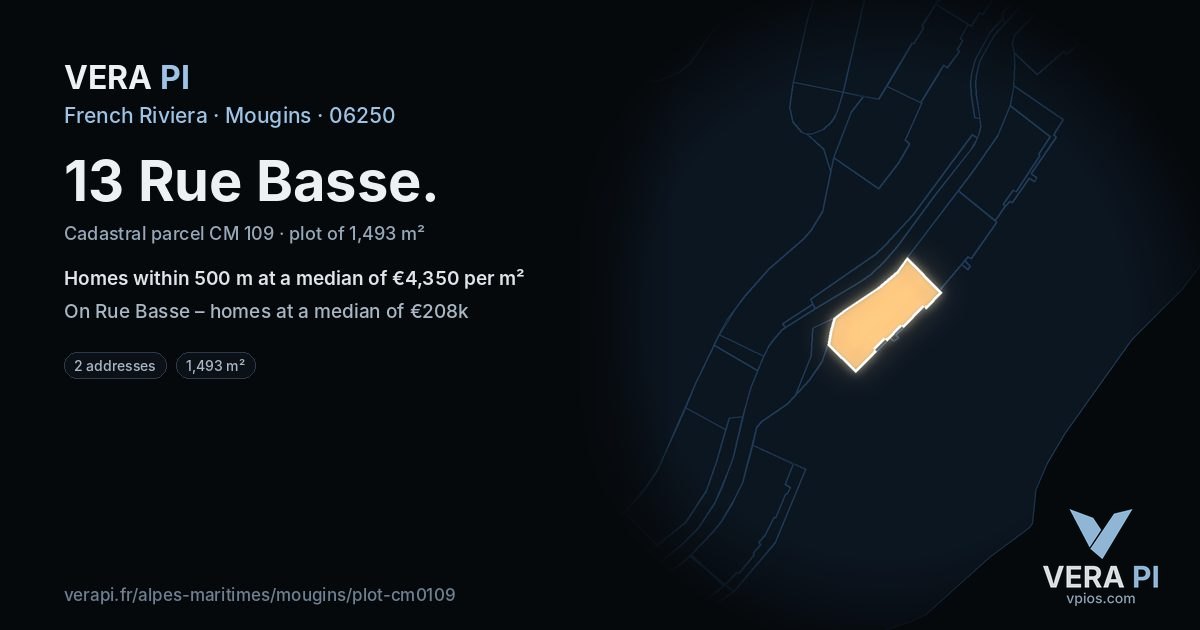 13 Rue Basse, Mougins at night – the plot lit, the parcels around coloured by the prices near them