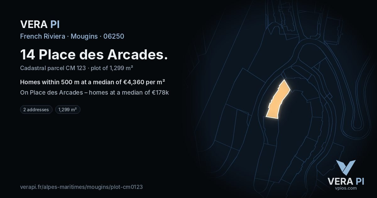 14 Place des Arcades, Mougins at night – the plot lit, the parcels around coloured by the prices near them