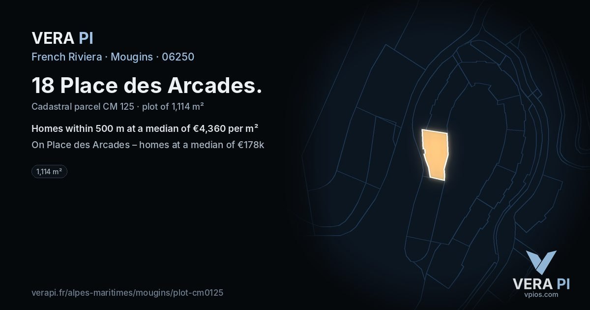 18 Place des Arcades, Mougins at night – the plot lit, the parcels around coloured by the prices near them