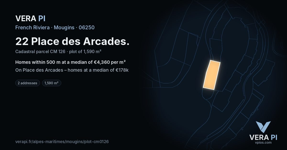 22 Place des Arcades, Mougins at night – the plot lit, the parcels around coloured by the prices near them