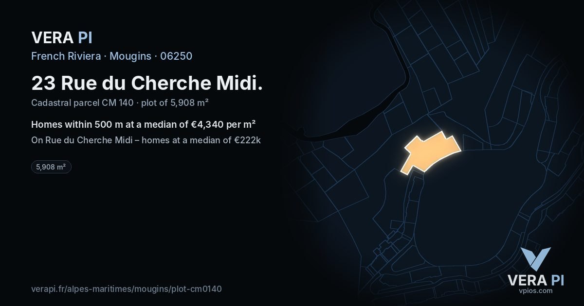23 Rue du Cherche Midi, Mougins at night – the plot lit, the parcels around coloured by the prices near them