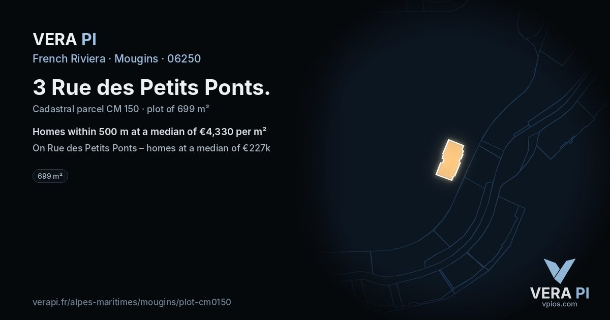 3 Rue des Petits Ponts, Mougins at night – the plot lit, the parcels around coloured by the prices near them