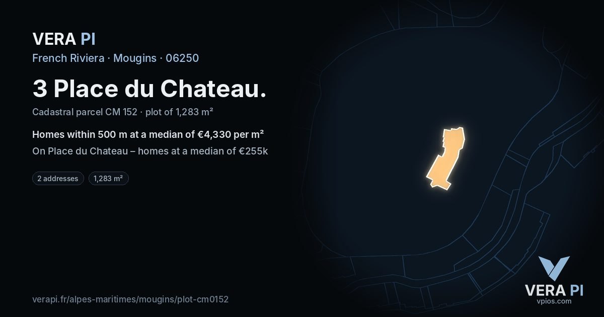 3 Place du Chateau, Mougins at night – the plot lit, the parcels around coloured by the prices near them