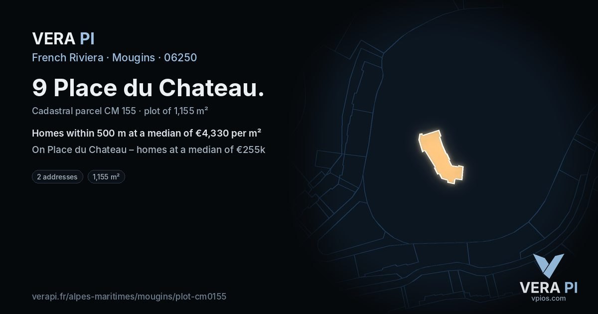 9 Place du Chateau, Mougins at night – the plot lit, the parcels around coloured by the prices near them