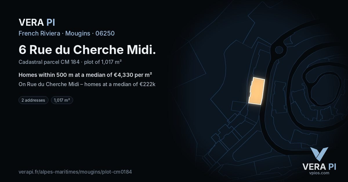 6 Rue du Cherche Midi, Mougins at night – the plot lit, the parcels around coloured by the prices near them