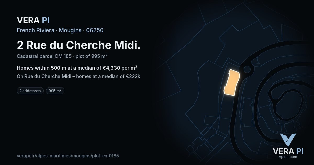 2 Rue du Cherche Midi, Mougins at night – the plot lit, the parcels around coloured by the prices near them