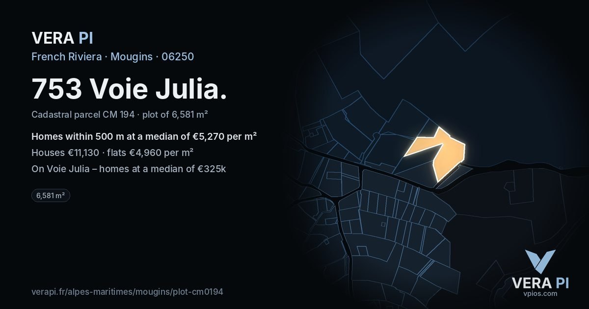 753 Voie Julia, Mougins at night – the plot lit, the parcels around coloured by the prices near them