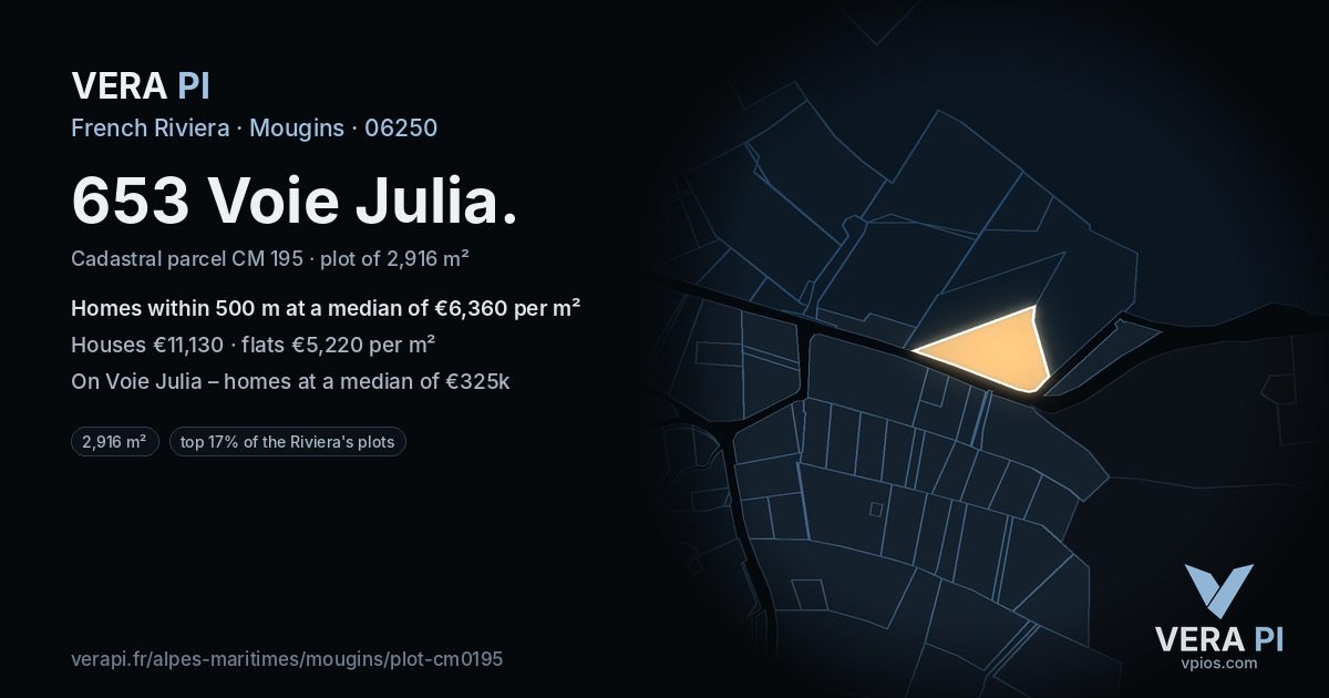 653 Voie Julia, Mougins at night – the plot lit, the parcels around coloured by the prices near them