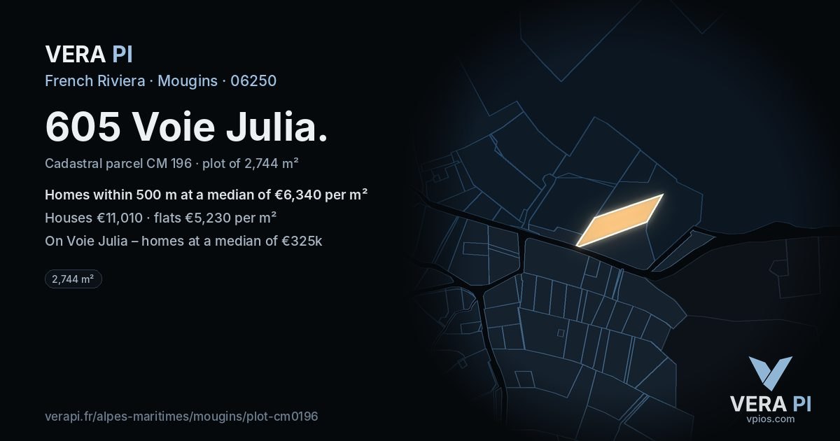 605 Voie Julia, Mougins at night – the plot lit, the parcels around coloured by the prices near them