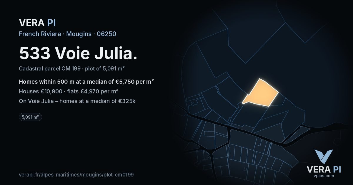 533 Voie Julia, Mougins at night – the plot lit, the parcels around coloured by the prices near them