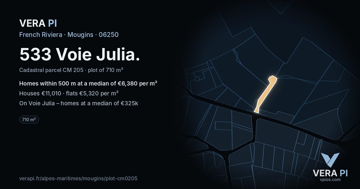 533 Voie Julia, Mougins at night – the plot lit, the parcels around coloured by the prices near them