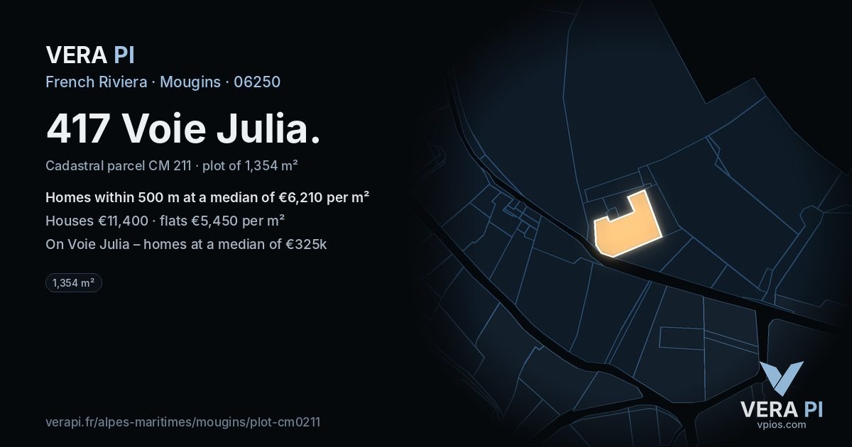 417 Voie Julia, Mougins at night – the plot lit, the parcels around coloured by the prices near them