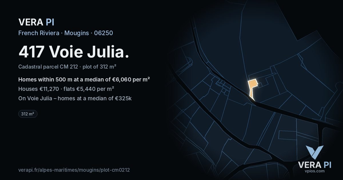 417 Voie Julia, Mougins at night – the plot lit, the parcels around coloured by the prices near them