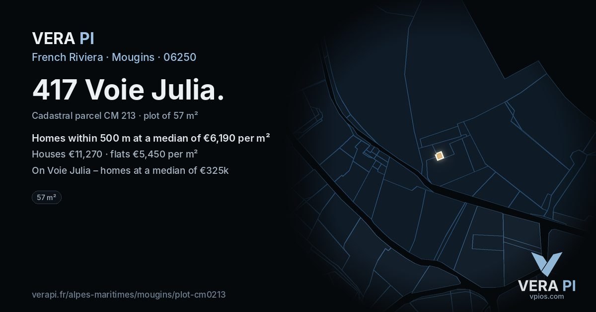 417 Voie Julia, Mougins at night – the plot lit, the parcels around coloured by the prices near them
