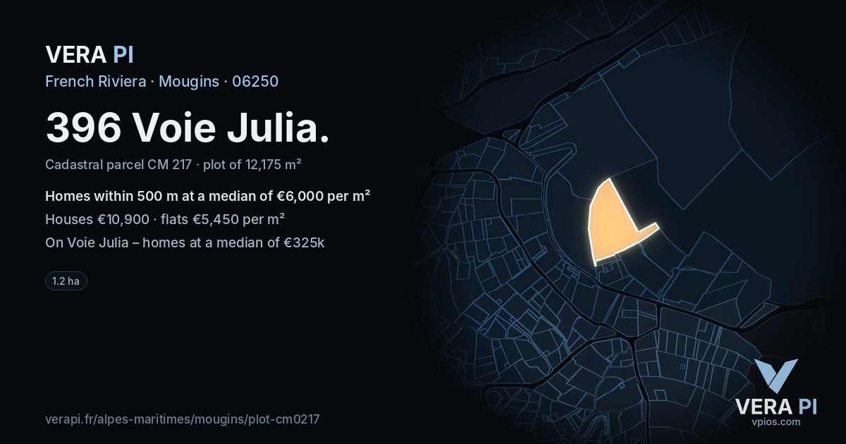 396 Voie Julia, Mougins at night – the plot lit, the parcels around coloured by the prices near them