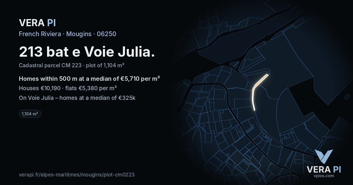 213 bat e Voie Julia, Mougins at night – the plot lit, the parcels around coloured by the prices near them