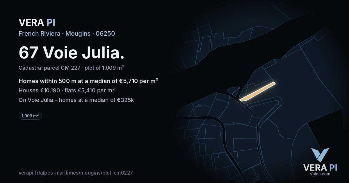 67 Voie Julia, Mougins at night – the plot lit, the parcels around coloured by the prices near them