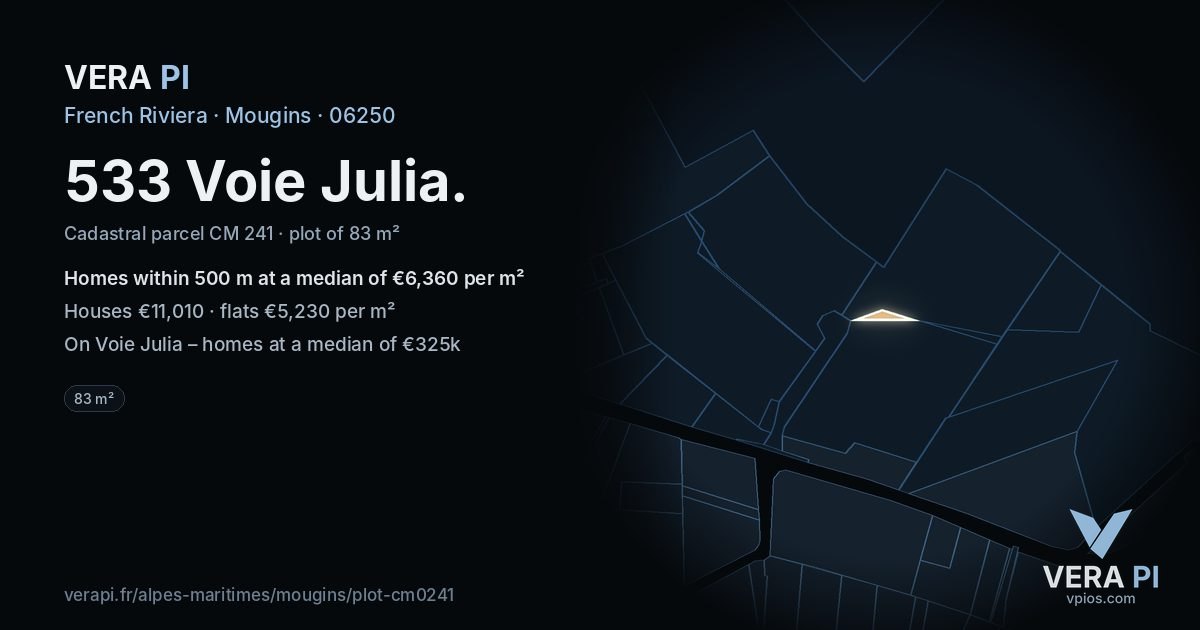 533 Voie Julia, Mougins at night – the plot lit, the parcels around coloured by the prices near them
