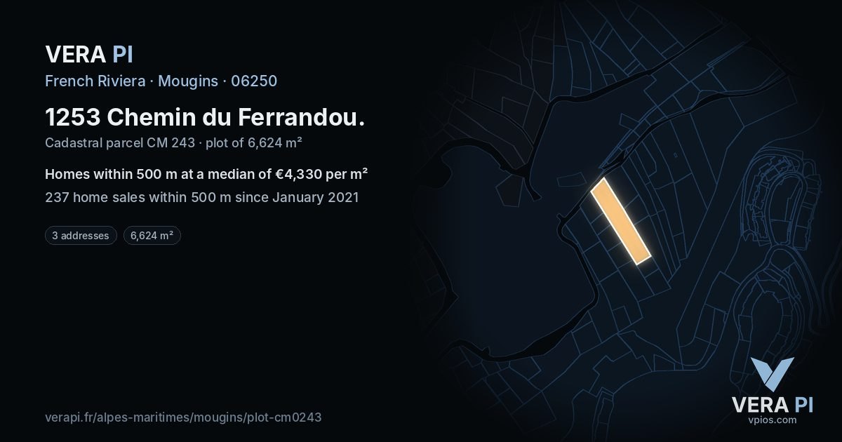 1253 Chemin du Ferrandou, Mougins at night – the plot lit, the parcels around coloured by the prices near them