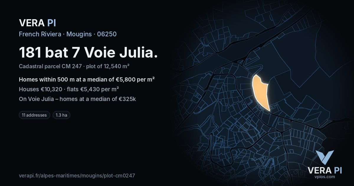 181 bat 7 Voie Julia, Mougins at night – the plot lit, the parcels around coloured by the prices near them