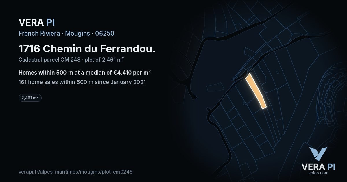 1716 Chemin du Ferrandou, Mougins at night – the plot lit, the parcels around coloured by the prices near them