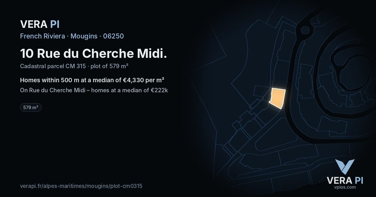 10 Rue du Cherche Midi, Mougins at night – the plot lit, the parcels around coloured by the prices near them