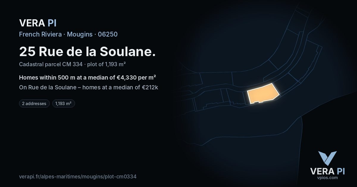 25 Rue de la Soulane, Mougins at night – the plot lit, the parcels around coloured by the prices near them