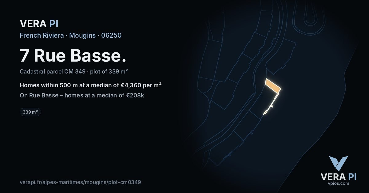 7 Rue Basse, Mougins at night – the plot lit, the parcels around coloured by the prices near them