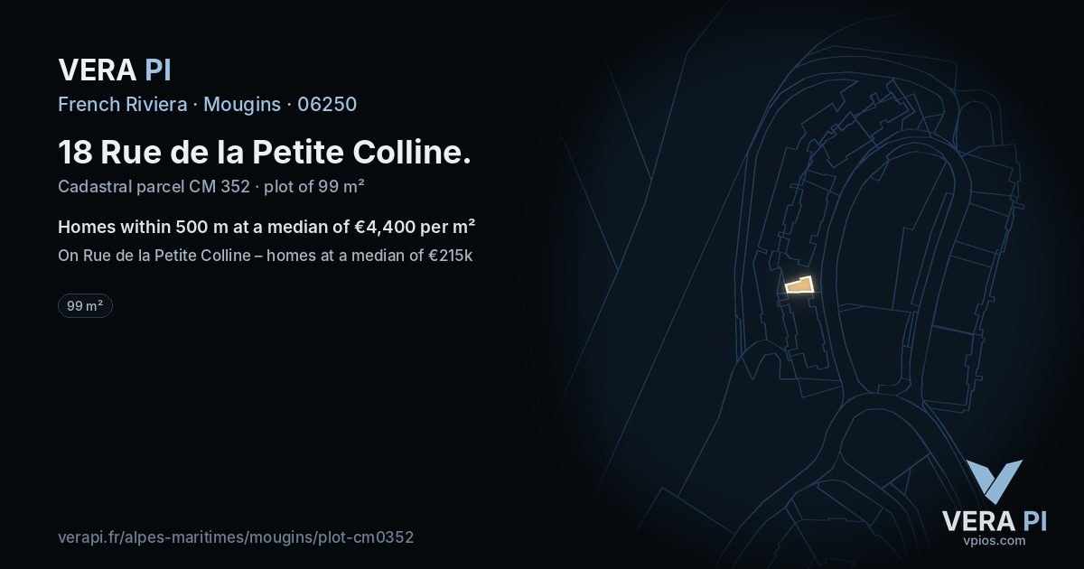 18 Rue de la Petite Colline, Mougins at night – the plot lit, the parcels around coloured by the prices near them