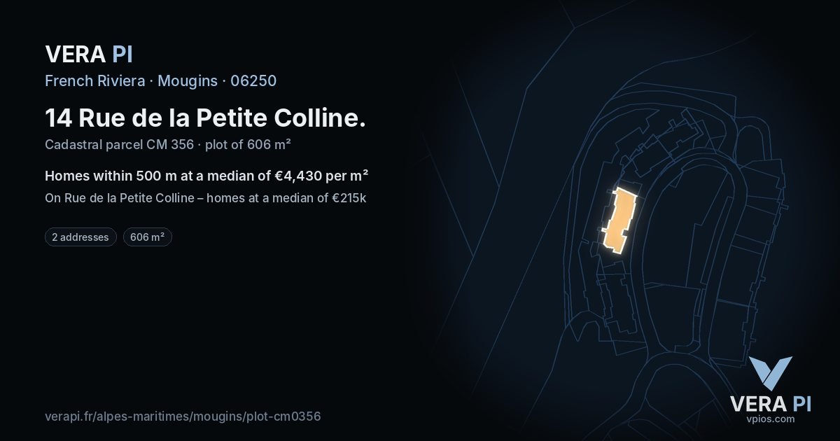 14 Rue de la Petite Colline, Mougins at night – the plot lit, the parcels around coloured by the prices near them