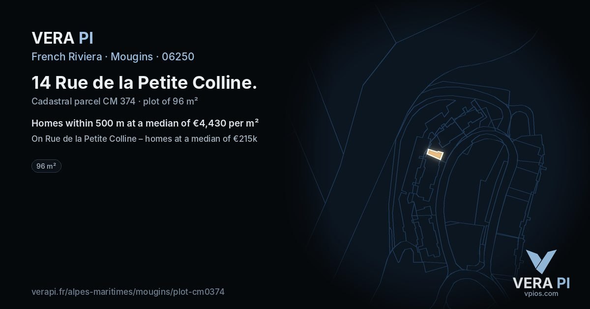 14 Rue de la Petite Colline, Mougins at night – the plot lit, the parcels around coloured by the prices near them