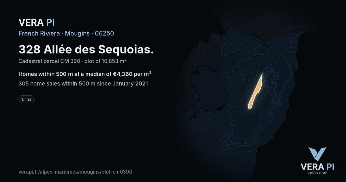 328 Allée des Sequoias, Mougins at night – the plot lit, the parcels around coloured by the prices near them