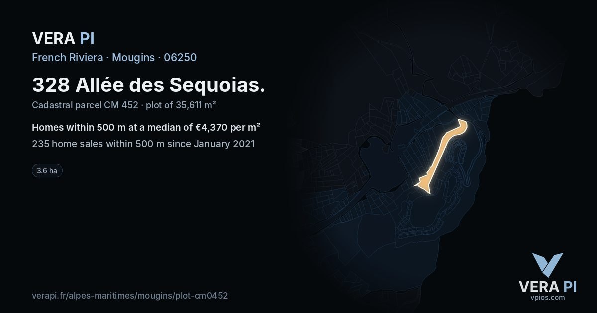 328 Allée des Sequoias, Mougins at night – the plot lit, the parcels around coloured by the prices near them