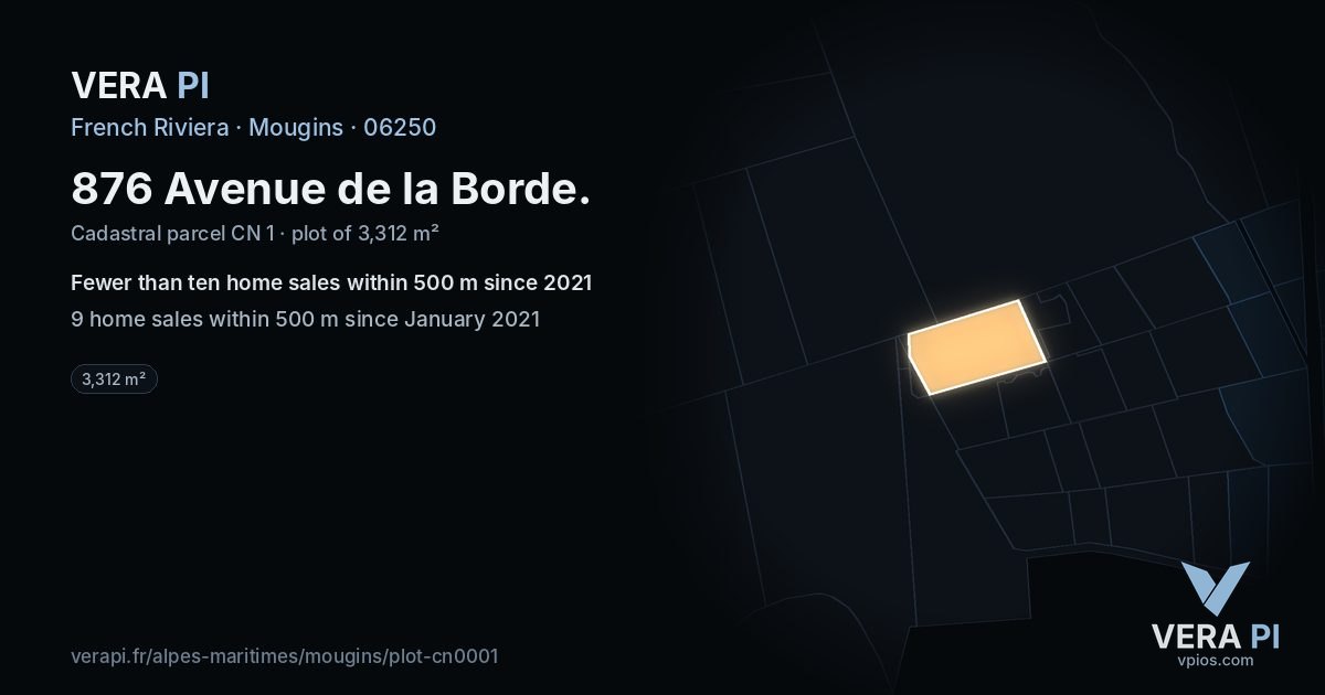 876 Avenue de la Borde, Mougins at night – the plot lit, the parcels around coloured by the prices near them