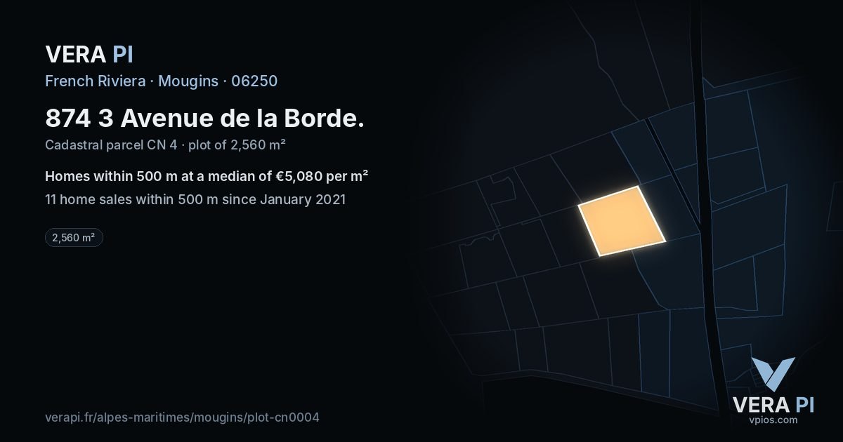 874 3 Avenue de la Borde, Mougins at night – the plot lit, the parcels around coloured by the prices near them