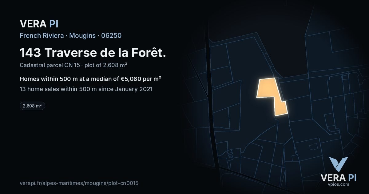 143 Traverse de la Forêt, Mougins at night – the plot lit, the parcels around coloured by the prices near them