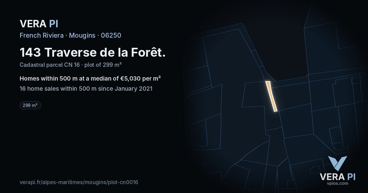 143 Traverse de la Forêt, Mougins at night – the plot lit, the parcels around coloured by the prices near them