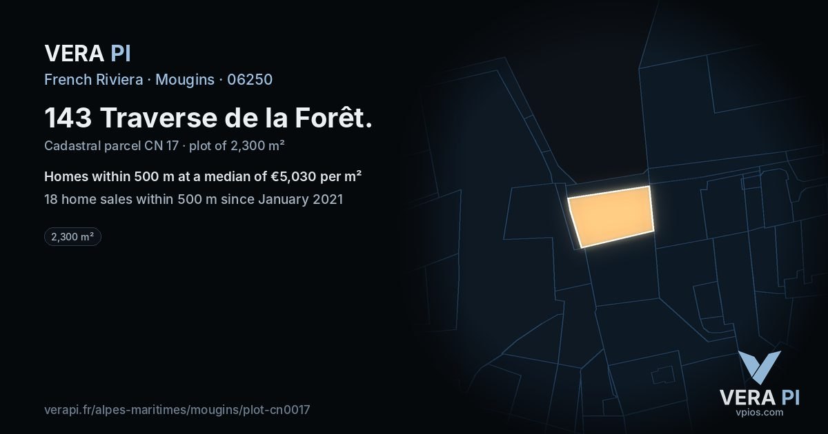 143 Traverse de la Forêt, Mougins at night – the plot lit, the parcels around coloured by the prices near them