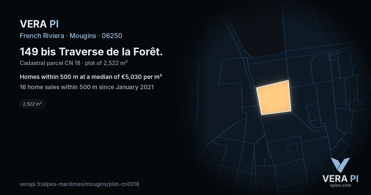149 bis Traverse de la Forêt, Mougins at night – the plot lit, the parcels around coloured by the prices near them