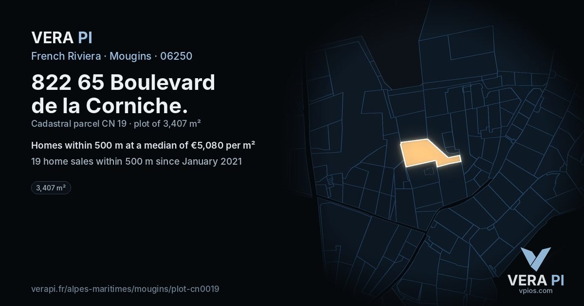 822 65 Boulevard de la Corniche, Mougins at night – the plot lit, the parcels around coloured by the prices near them