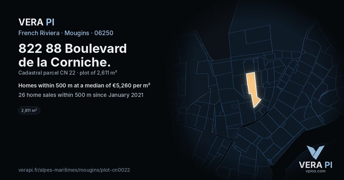 822 88 Boulevard de la Corniche, Mougins at night – the plot lit, the parcels around coloured by the prices near them