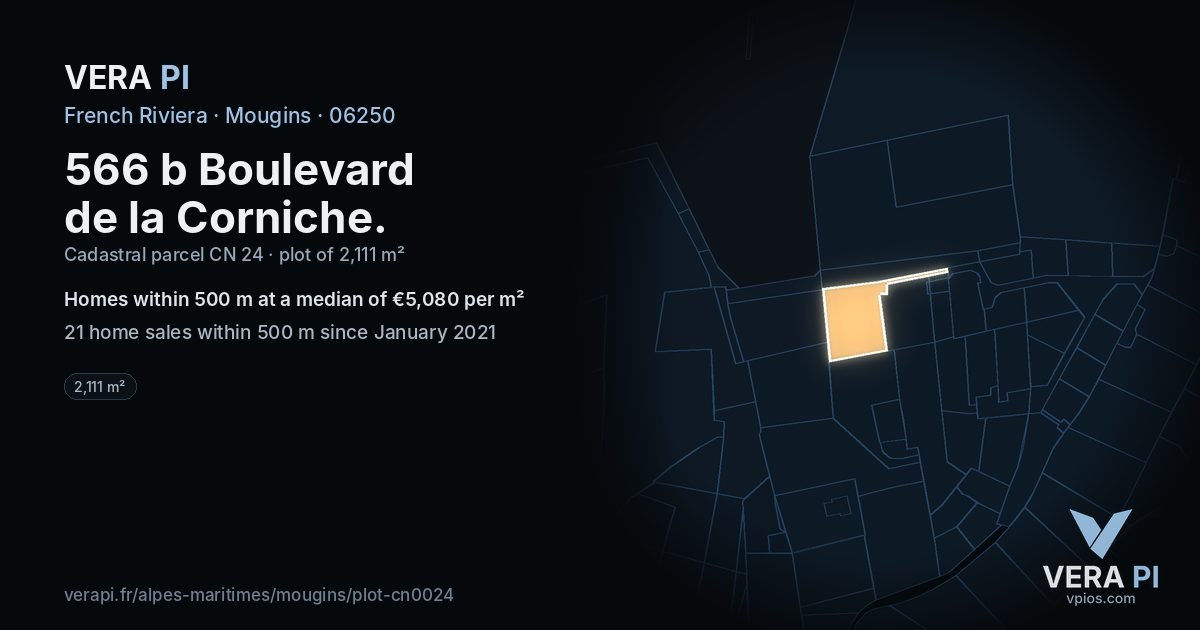 566 b Boulevard de la Corniche, Mougins at night – the plot lit, the parcels around coloured by the prices near them