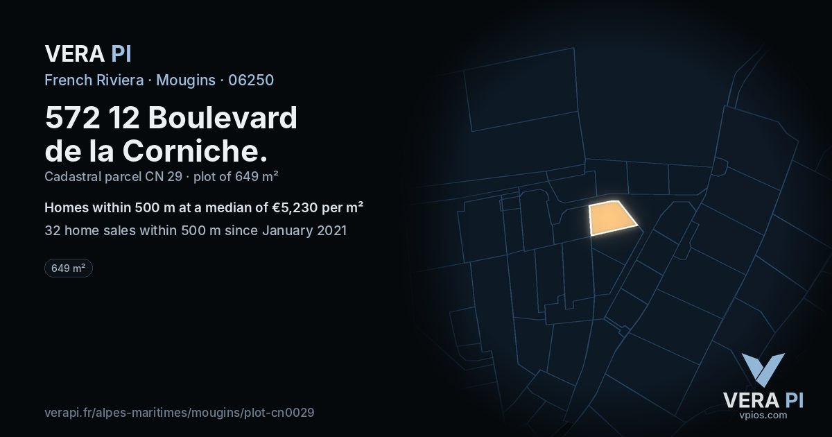 572 12 Boulevard de la Corniche, Mougins at night – the plot lit, the parcels around coloured by the prices near them