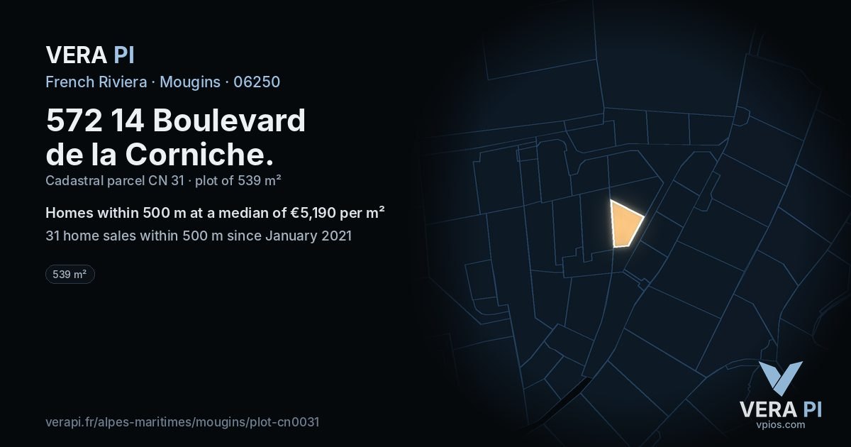 572 14 Boulevard de la Corniche, Mougins at night – the plot lit, the parcels around coloured by the prices near them
