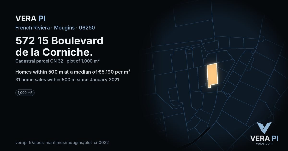 572 15 Boulevard de la Corniche, Mougins at night – the plot lit, the parcels around coloured by the prices near them
