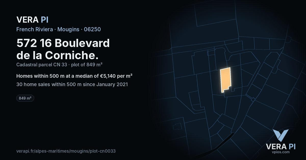 572 16 Boulevard de la Corniche, Mougins at night – the plot lit, the parcels around coloured by the prices near them