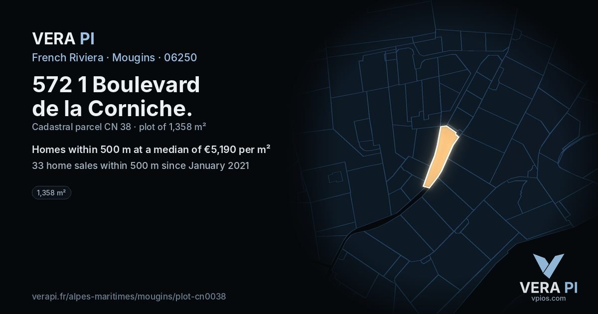 572 1 Boulevard de la Corniche, Mougins at night – the plot lit, the parcels around coloured by the prices near them