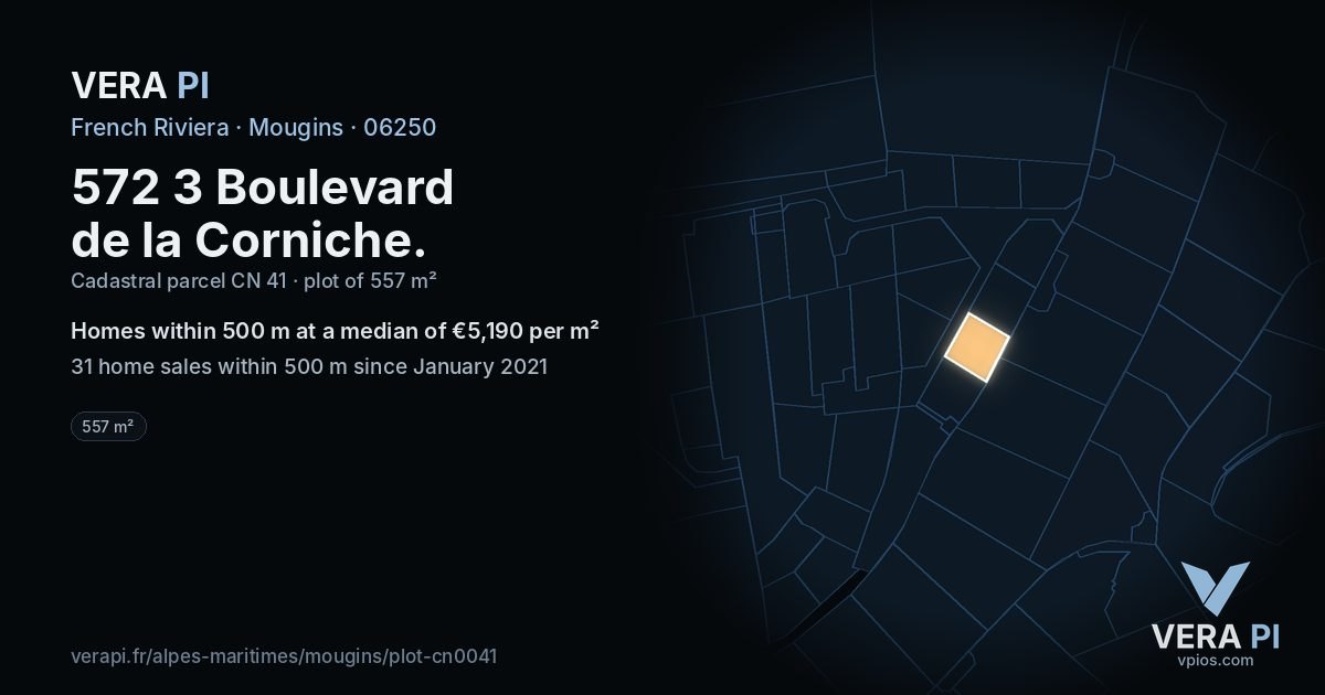 572 3 Boulevard de la Corniche, Mougins at night – the plot lit, the parcels around coloured by the prices near them