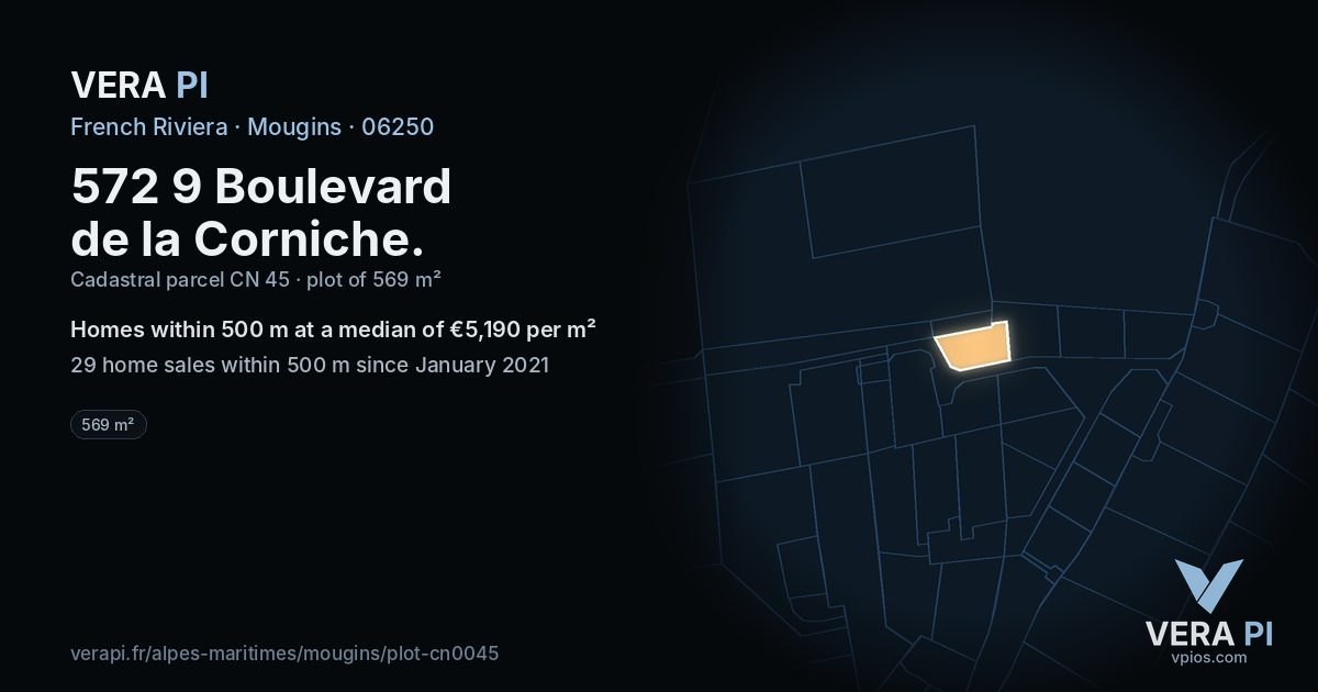 572 9 Boulevard de la Corniche, Mougins at night – the plot lit, the parcels around coloured by the prices near them