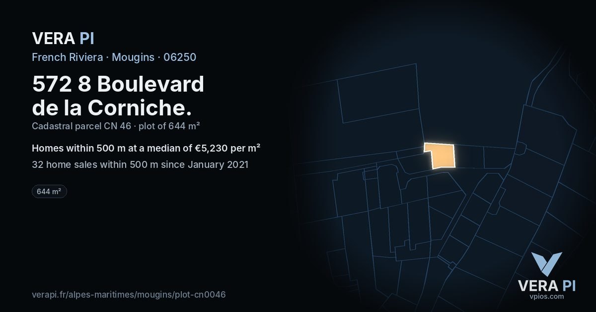 572 8 Boulevard de la Corniche, Mougins at night – the plot lit, the parcels around coloured by the prices near them